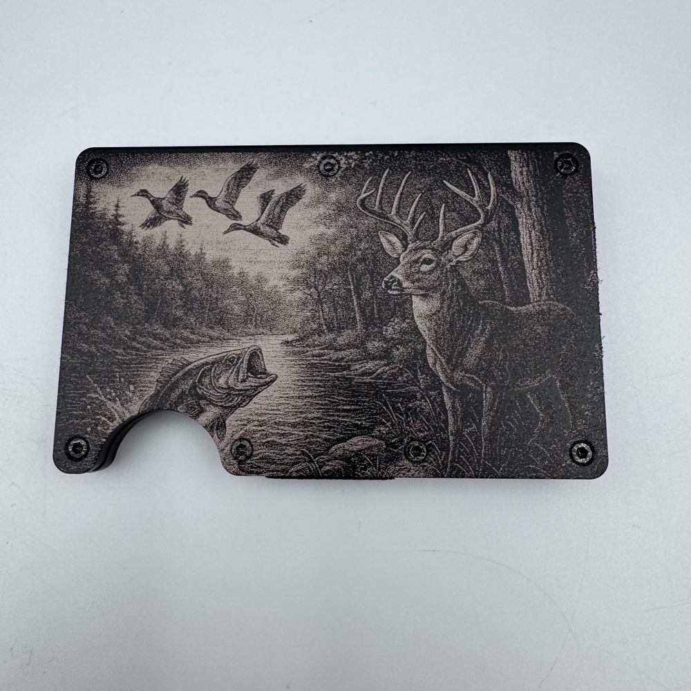 Mens Laser Etched Wildlife Metal Minimalist Wallet Money Clip Buck Bass Duck